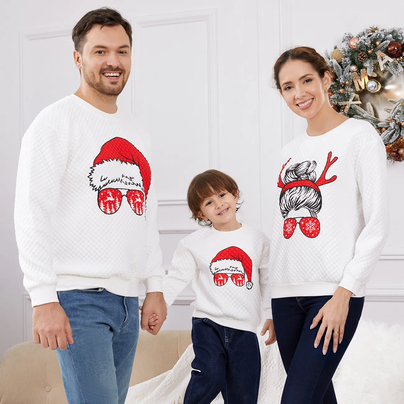 Christmas Graphic Print White Family Matching Long-sleeve Textured Sweatshirts White big image 1