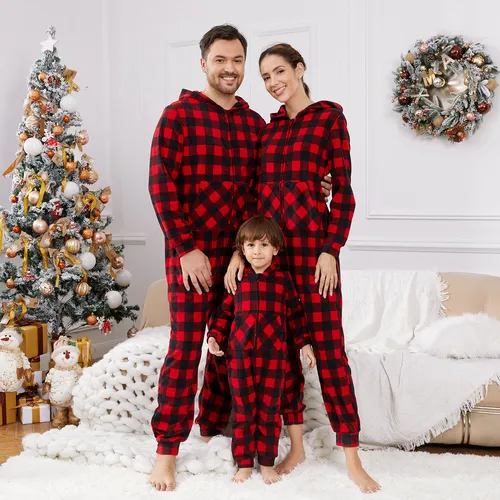 Christmas Family Matching Red Plaid Hooded Long-sleeve Thickened Polar Fleece Zipper Onesies Pajamas (Flame Resistant)