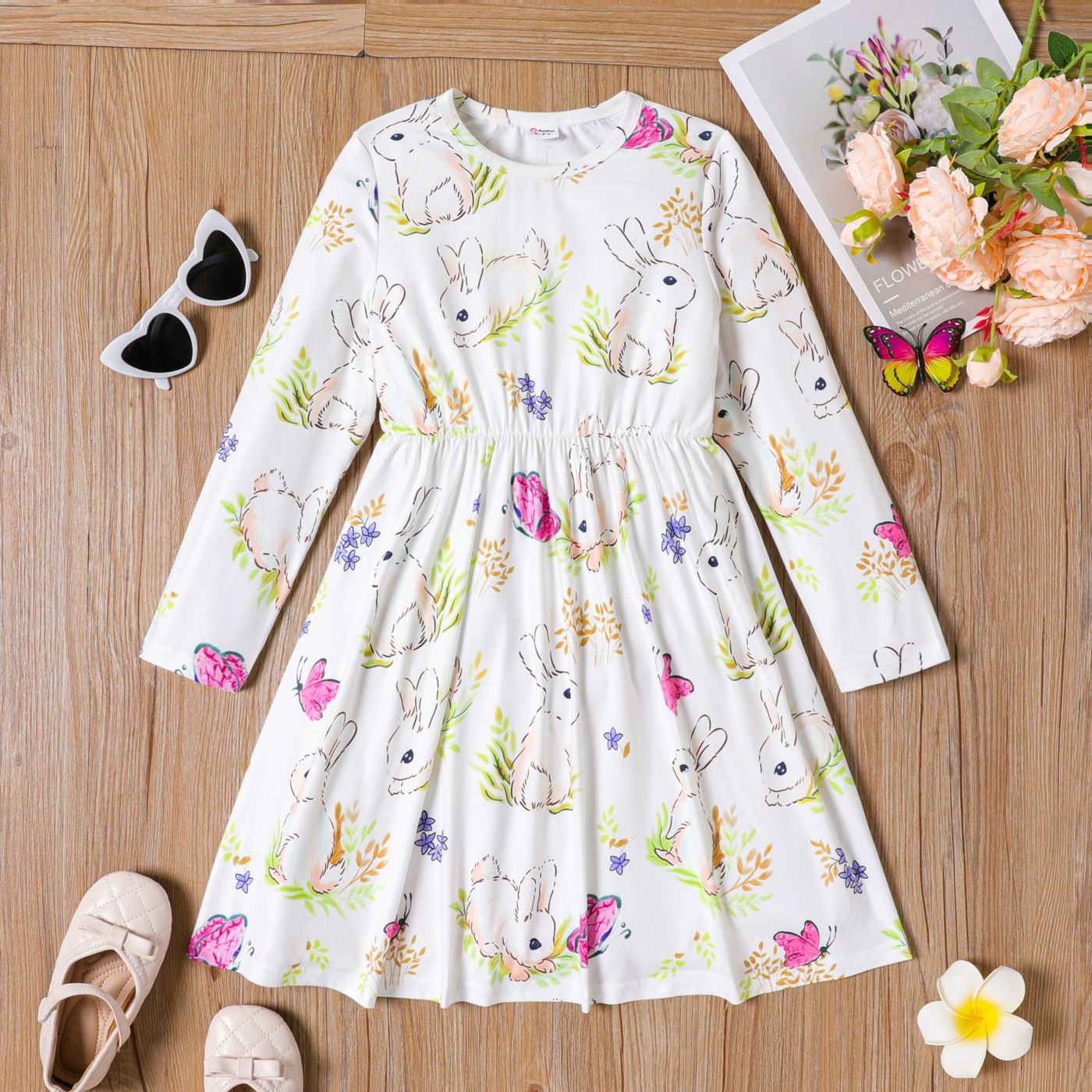 

Kid Girl Cute Rabbit Floral Print Long-sleeve Dress