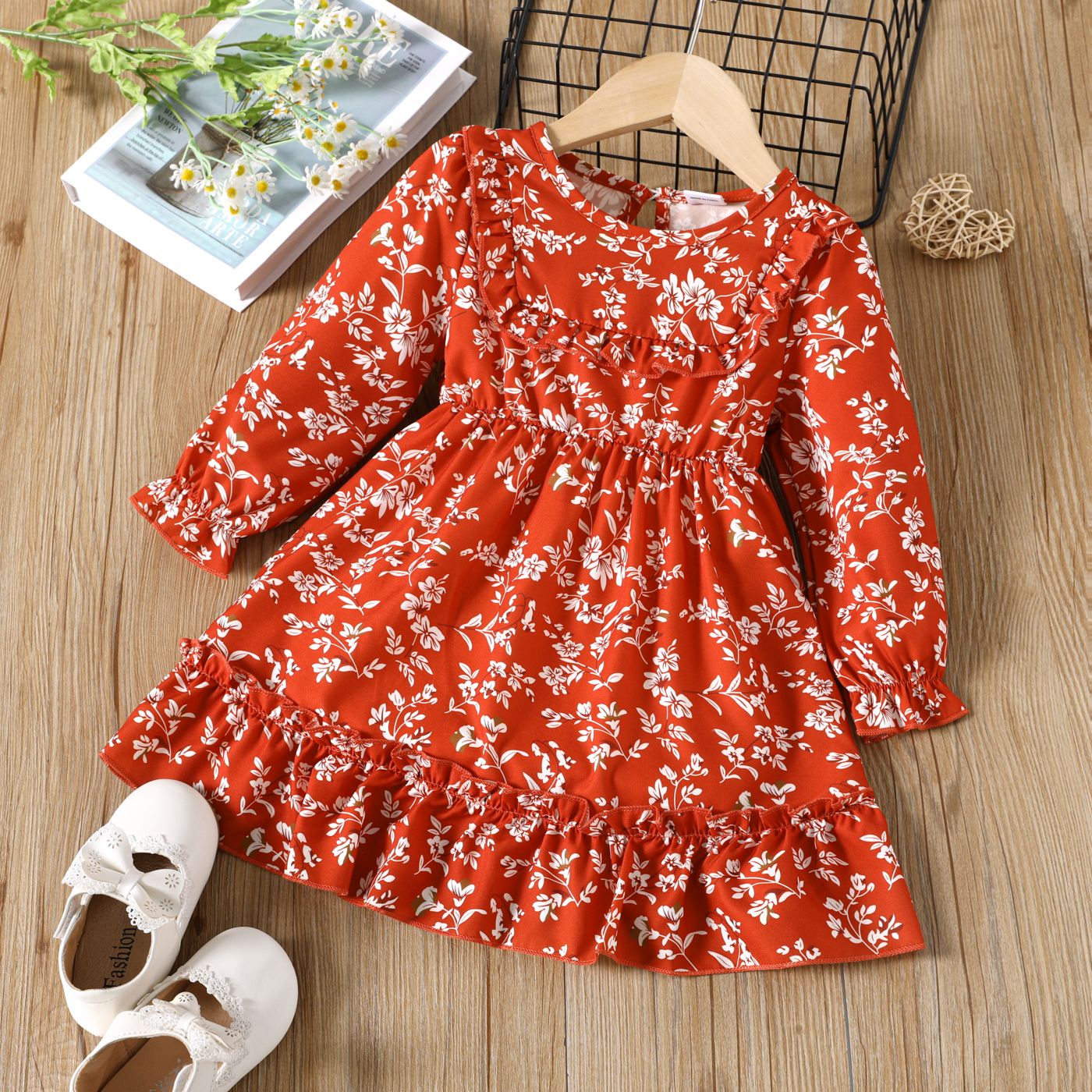 Toddler Girl Elegant Floral Print Ruffled Long-sleeve Red Dress