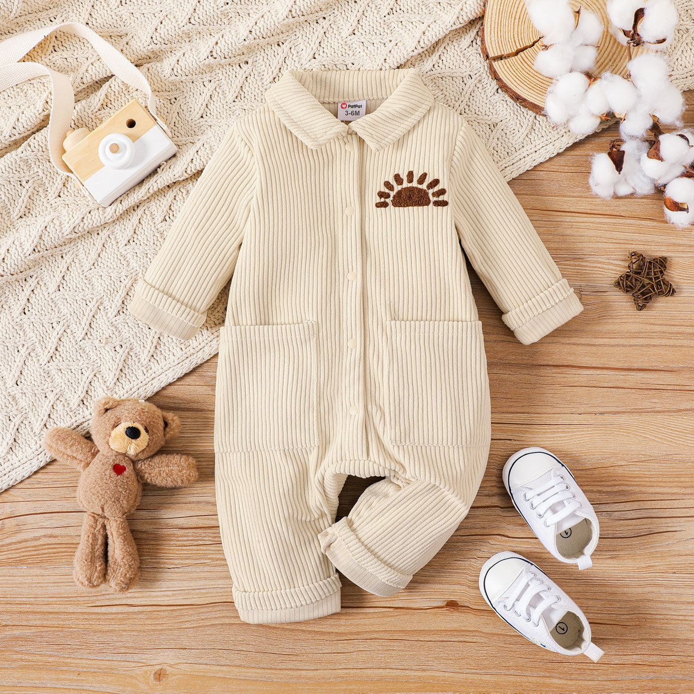 

Baby Boy/Girl Rainbow Embroidered Corduroy Long-sleeve Button Jumpsuit