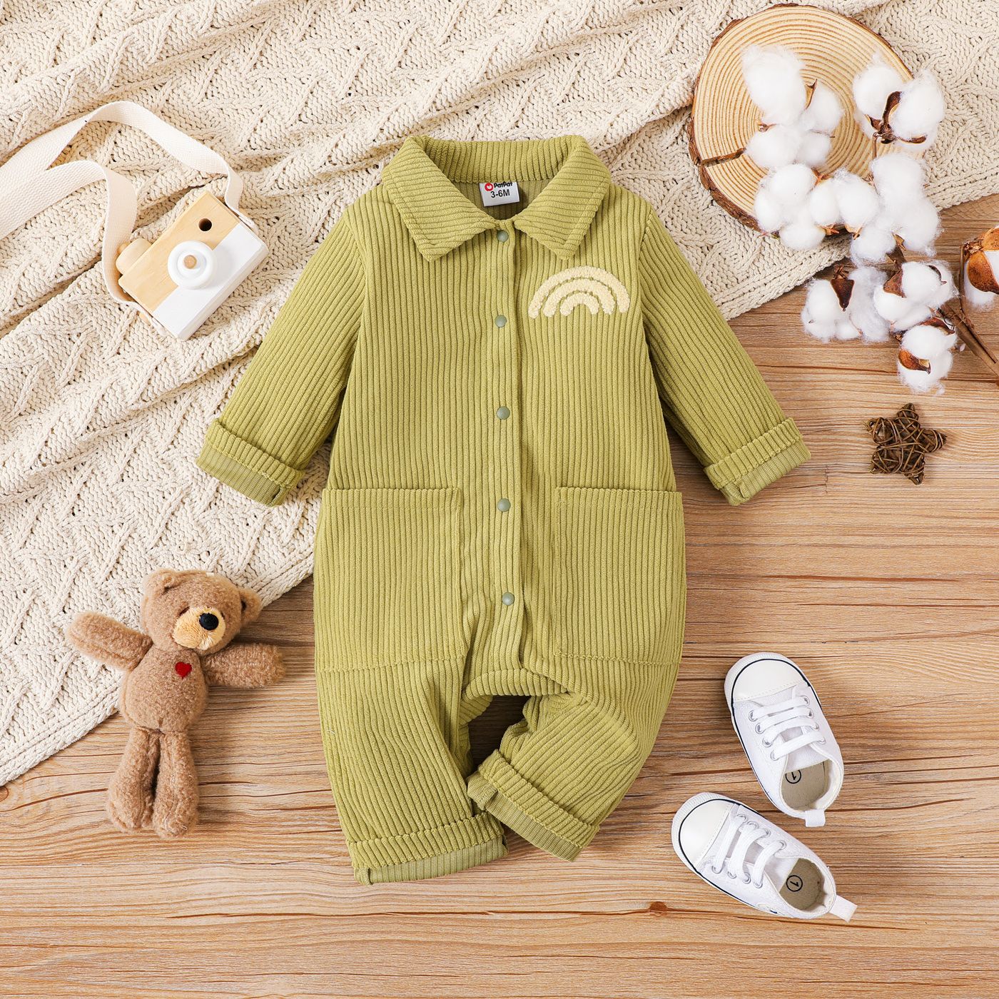 

Baby Boy/Girl Rainbow Embroidered Corduroy Long-sleeve Button Jumpsuit