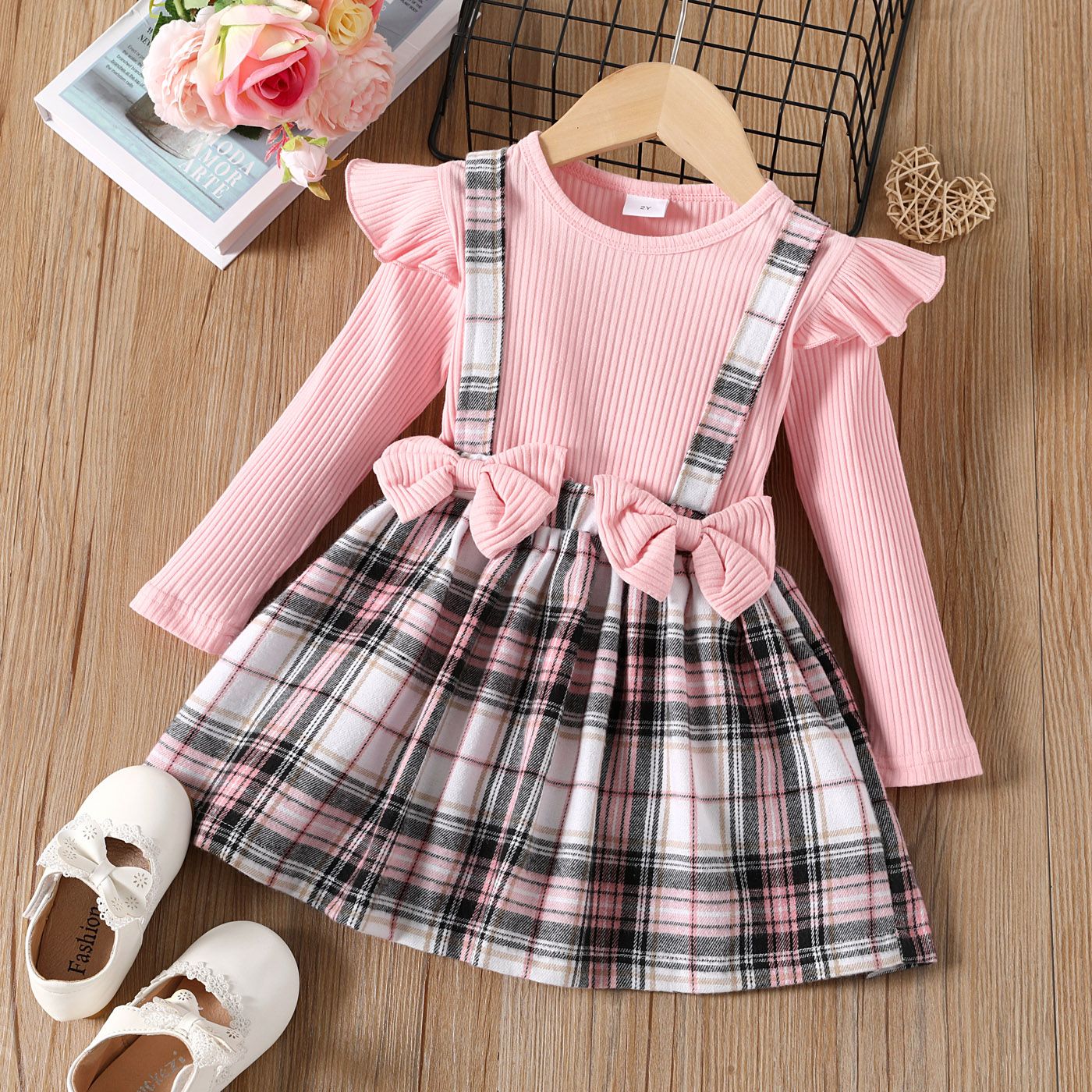 Toddler Girl Faux-two Bowknot Design Plaid Long-sleeve Dress