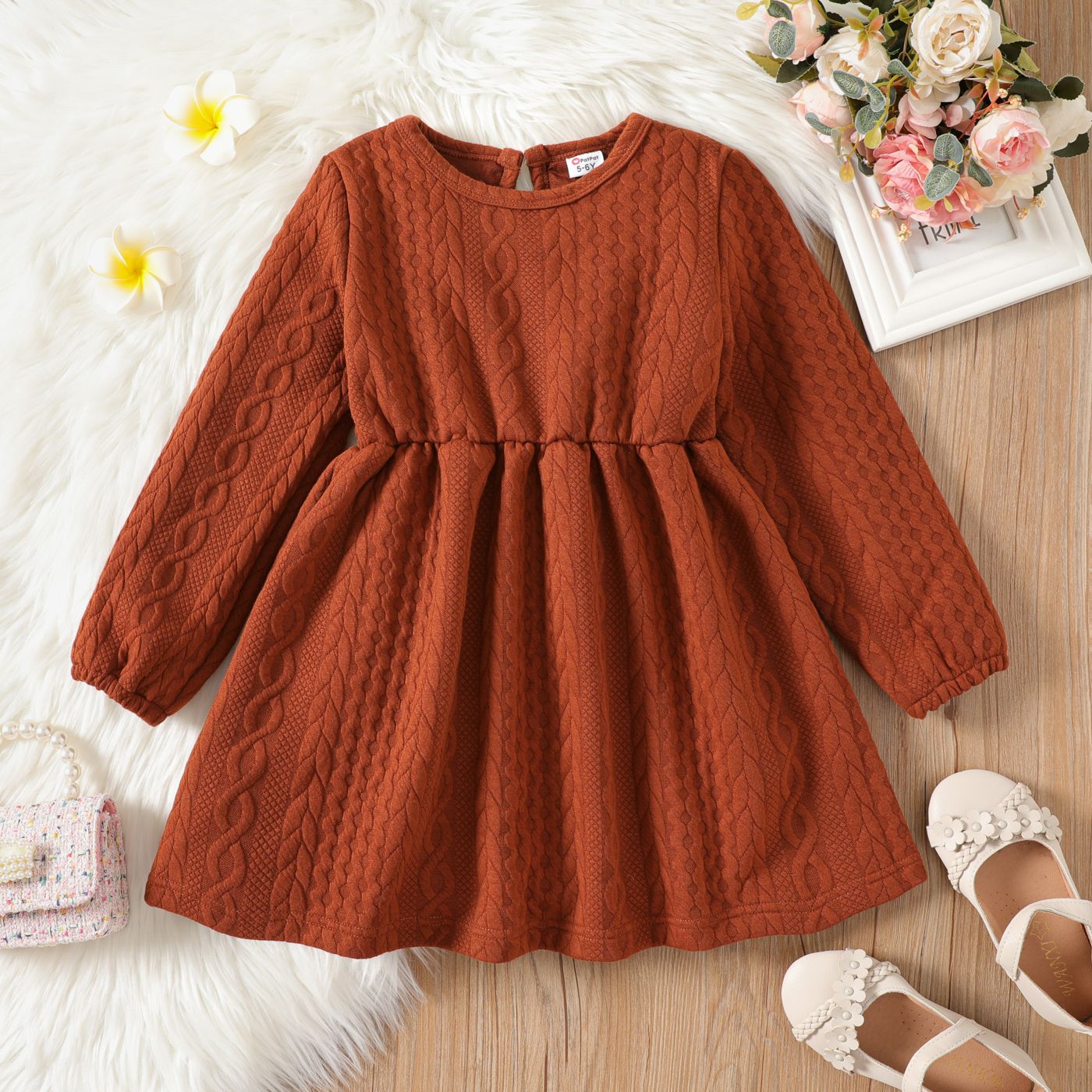Kid Girl Solid Color Textured Long-sleeve Dress