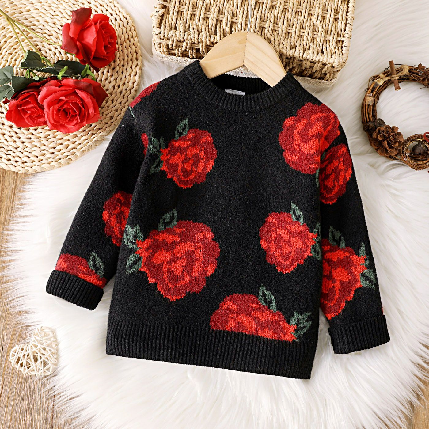 

Toddler Girl/Boy Thanksgiving Floral Pattern Knit Sweater