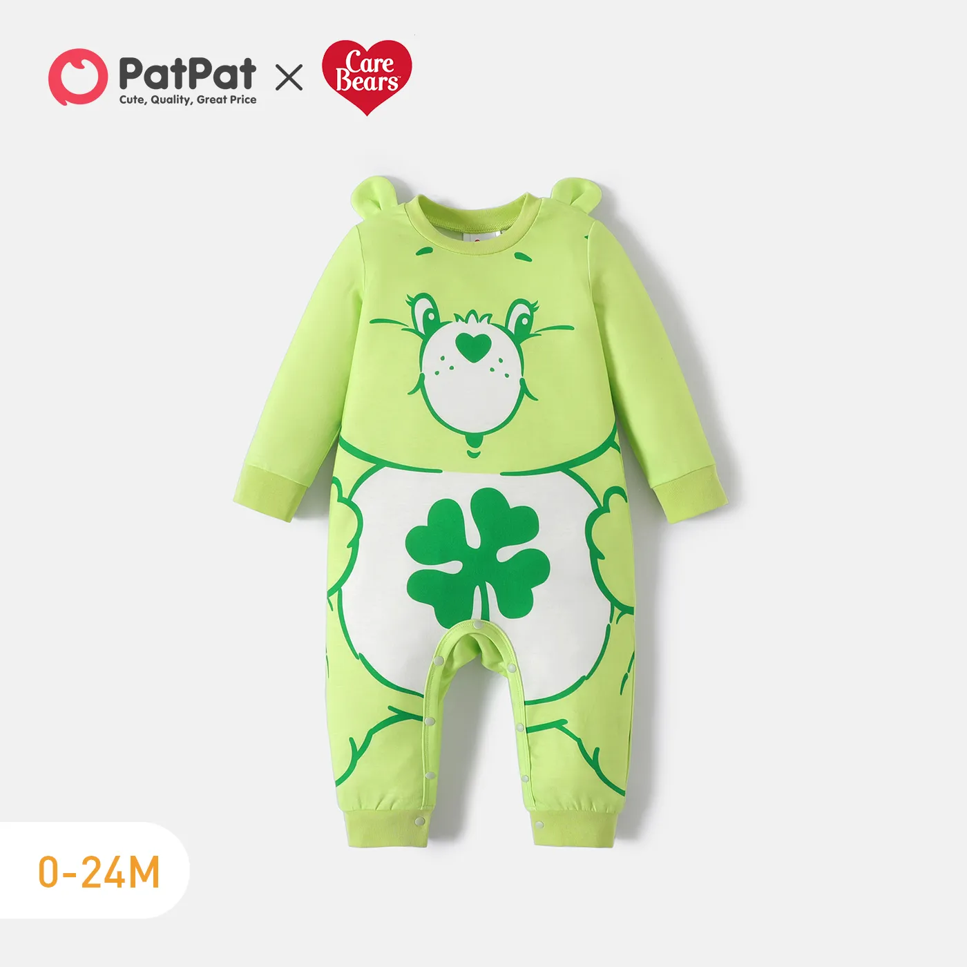 Care Bears Baby Boy/Girl Bear Print 3D Ears Design Long-sleeve Jumpsuit Viridescence