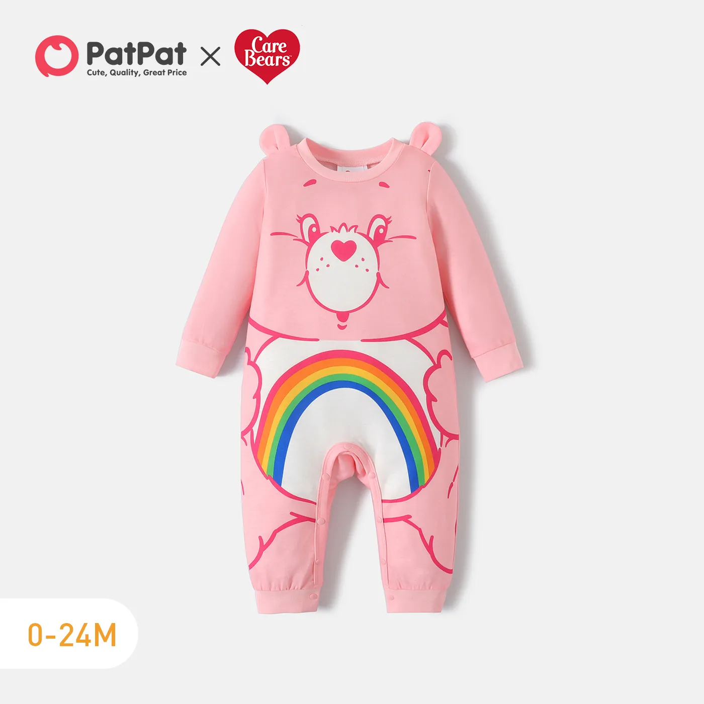 Care Bears Baby Boy/Girl Bear Print 3D Ears Design Long-sleeve Jumpsuit Pink big image 1