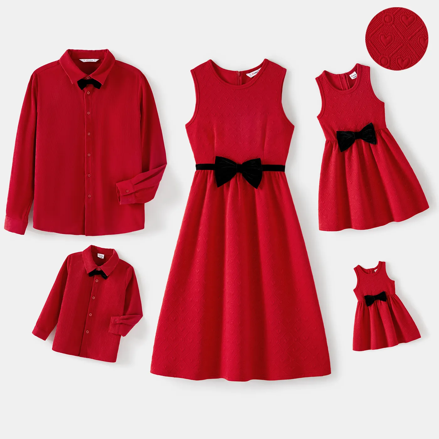 Family Matching Bow Front Red Heart Textured Tank Dresses and Long-sleeve Corduroy Shirts Sets  image 2