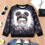Kid Girl Cartoon Tie Dyed/ Leopard Print Pullover Sweatshirt Black