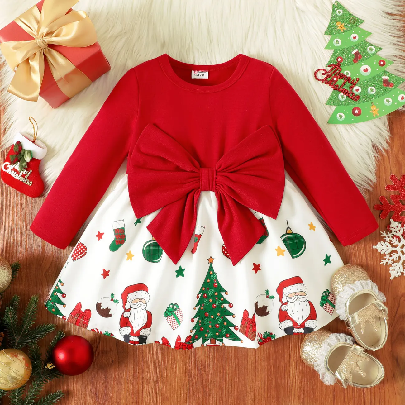 عيد الميلاد طفلة القوس الجبهة الصلبة فستان طويل الأكمام طباعة تقسم احمر 2 big image 1