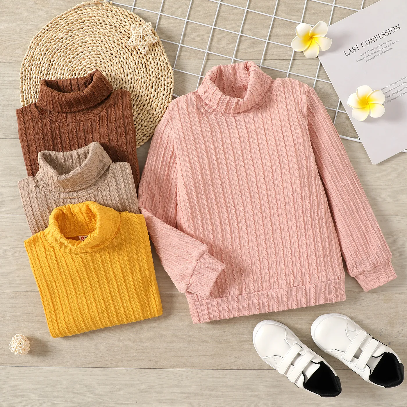 Kid Girl Solid Color Turtleneck Textured Knit Sweatshirt Pink image 2