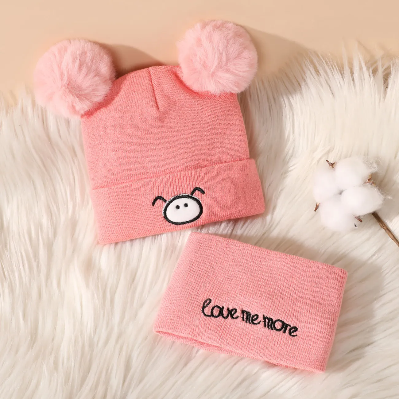 Baby Cute Pattern Pom Pom Decor Beanie Hat & Infinity Scarf Pink big image 1