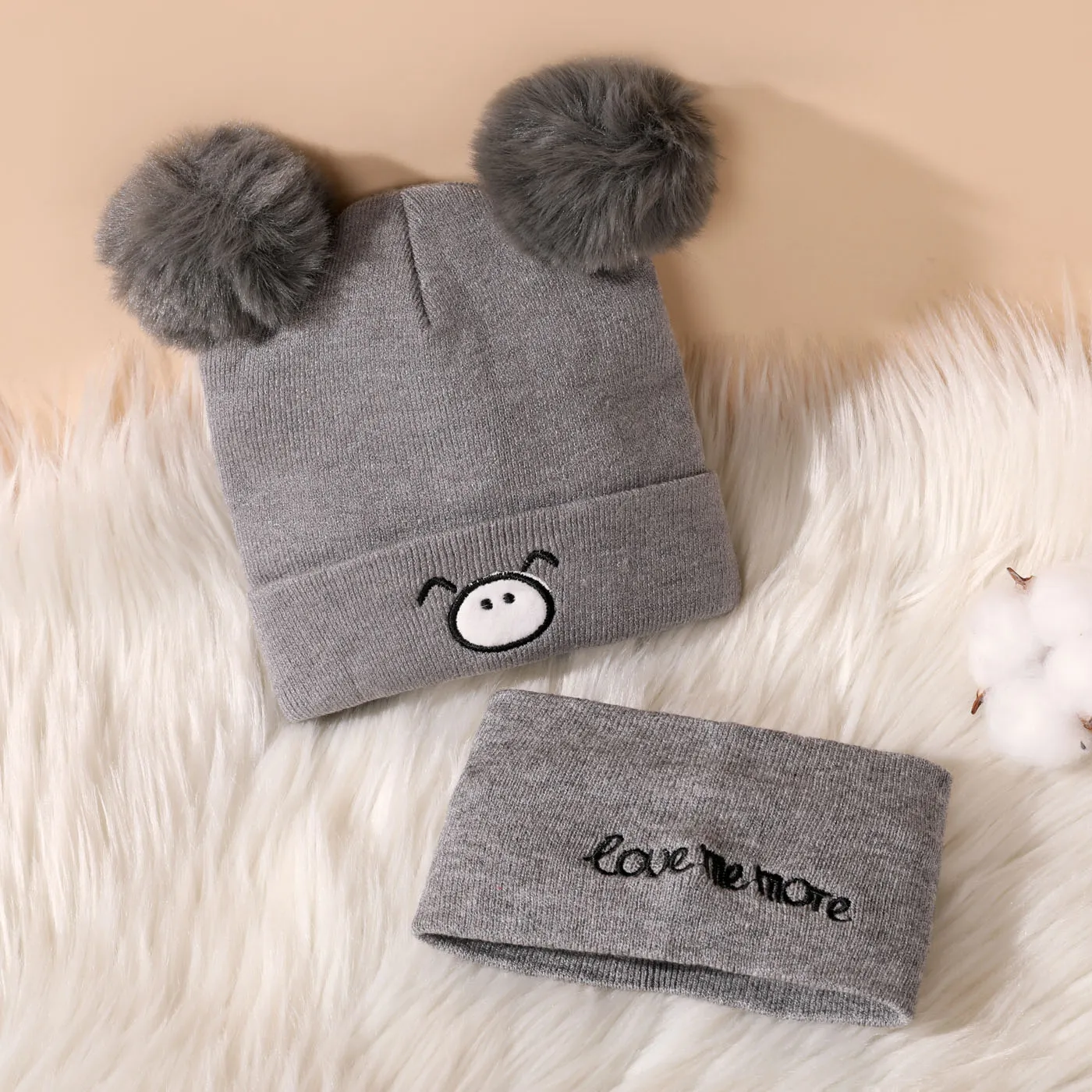 Baby Cute Pattern Pom Pom Decor Beanie Hat & Infinity Scarf  image 3