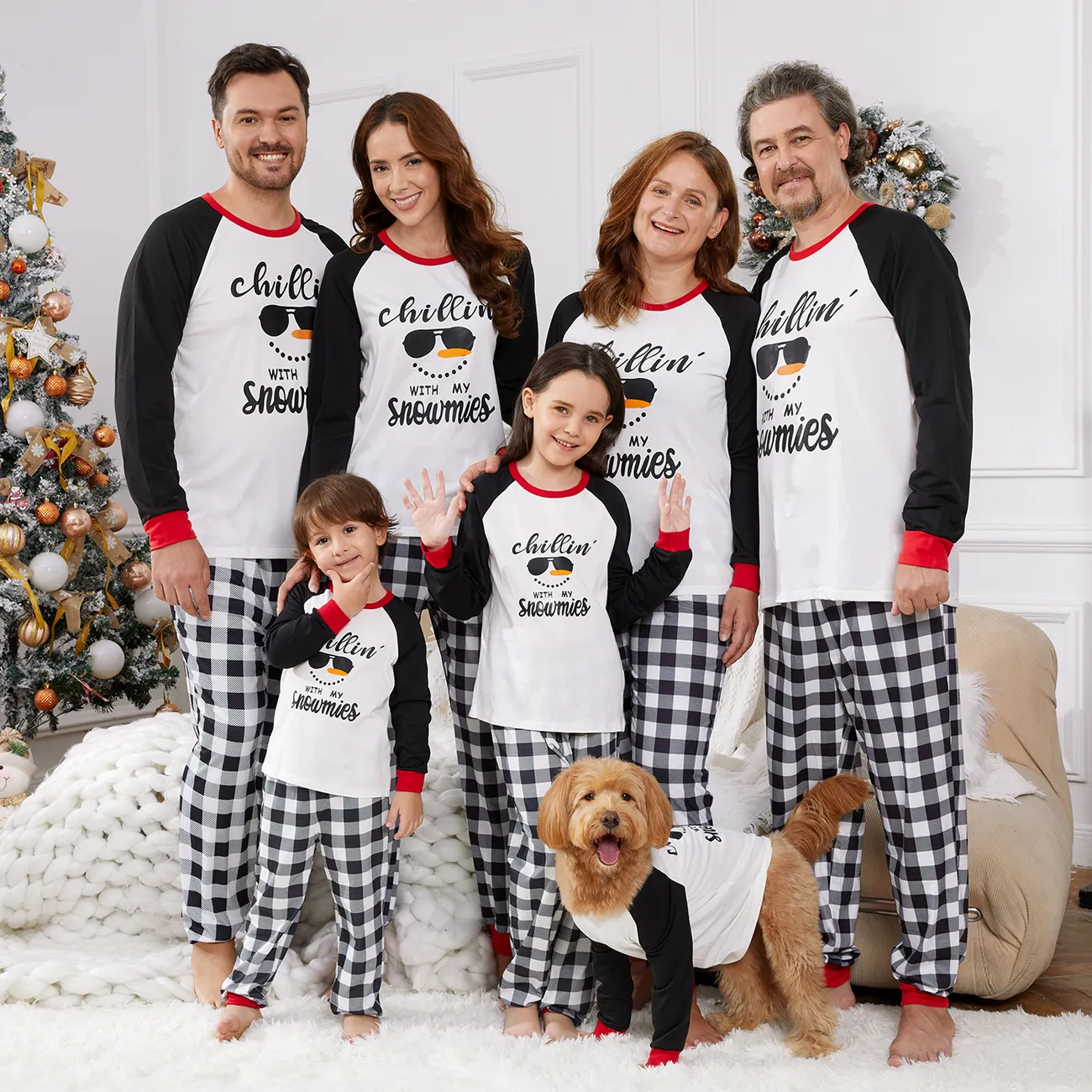 Christmas Snowman Face and Letter Print Family Matching Long-sleeve Pajamas Sets (Flame Resistant) Black/White big image 1