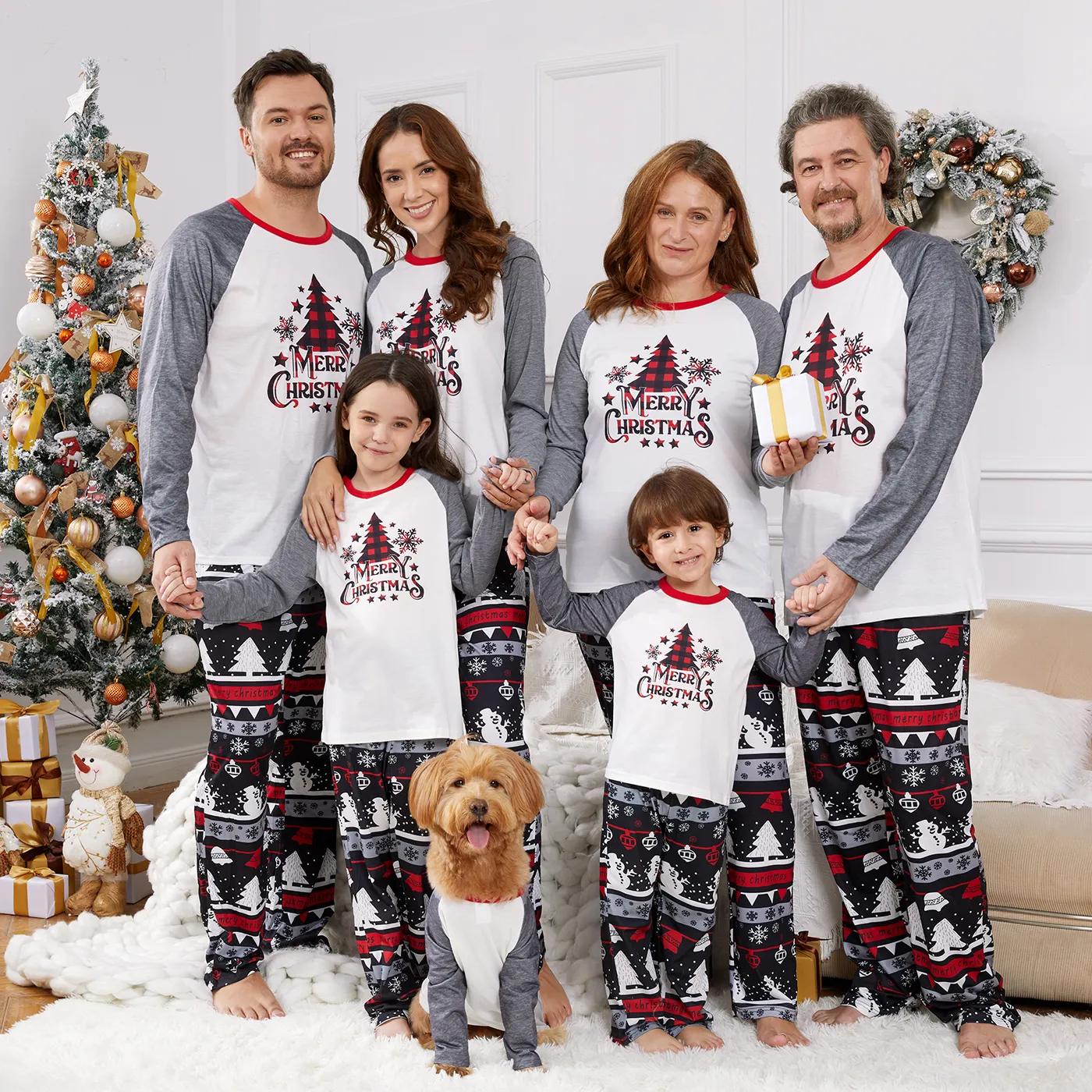 Christmas Reindeer and Letter Print Family Matching Raglan Long-sleeve Red Plaid Pajamas Sets (Flame Resistant)