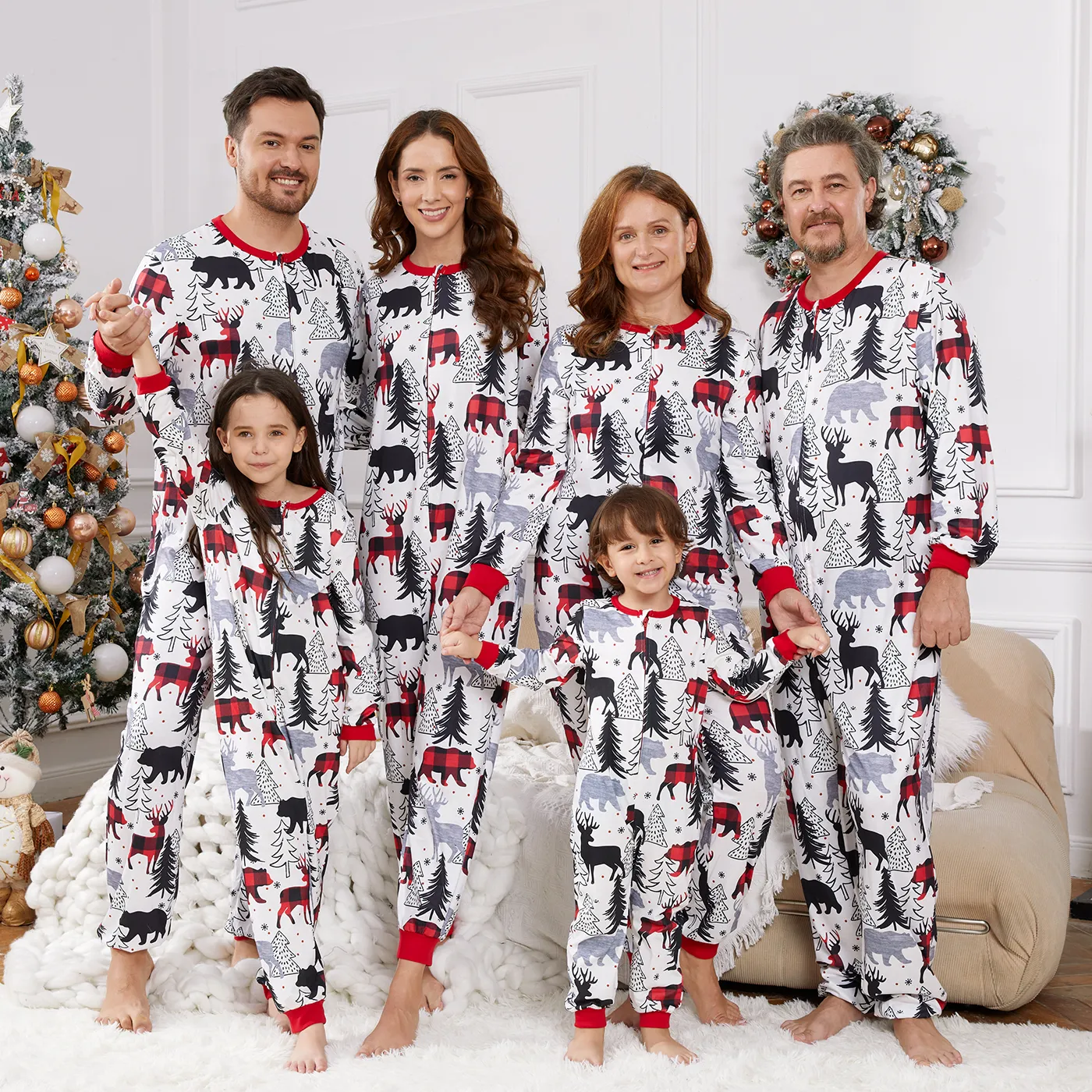 Christmas Family Matching Allover Print Long-sleeve Zipper Onesies Pajamas (Flame Resistant) REDWHITE image 4