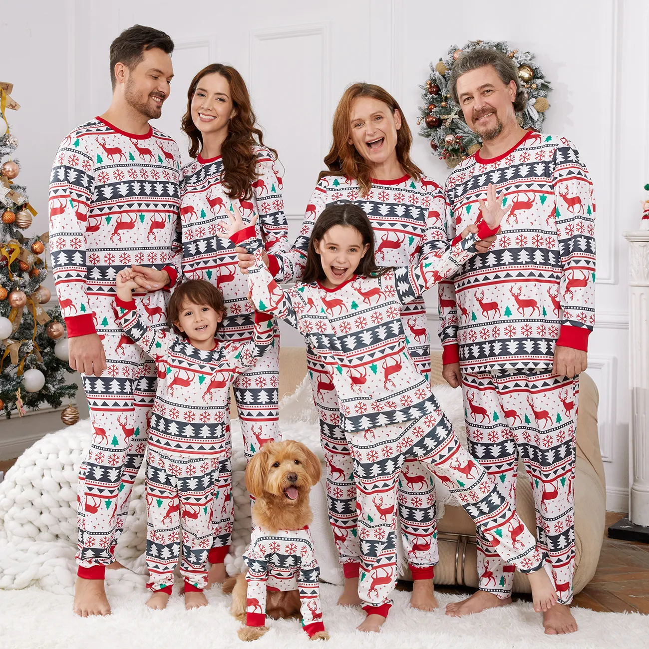 Christmas All Over Reindeer Print Family Matching Long-sleeve Pajamas Sets (Flame Resistant) Red/White big image 1