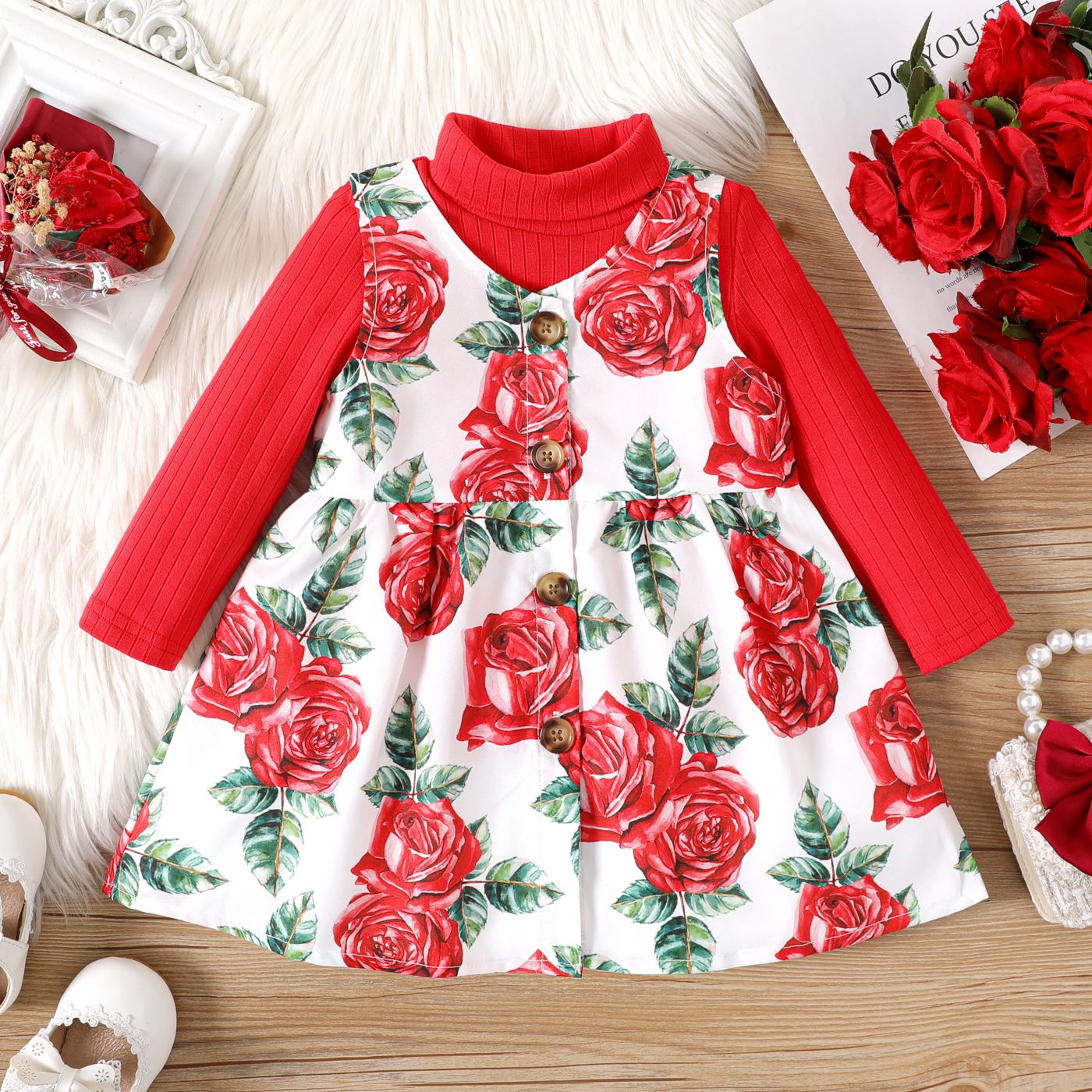 

2pcs Baby Girl Allover Red Floral Print Button Front Tank Dress and Solid Turtleneck Long-sleeve Top Set