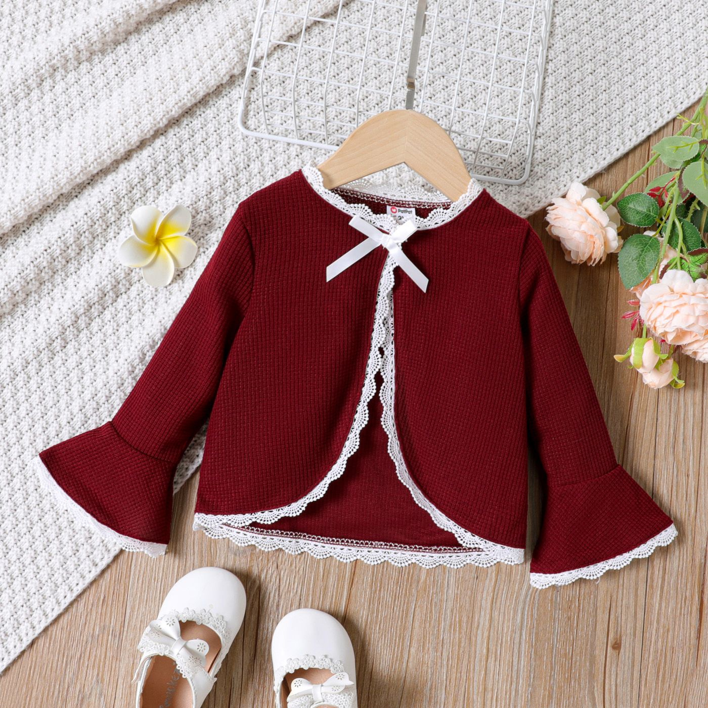 Toddler Girl Lace Trim Bowknot Design Bell sleeves Jacket Cardigan