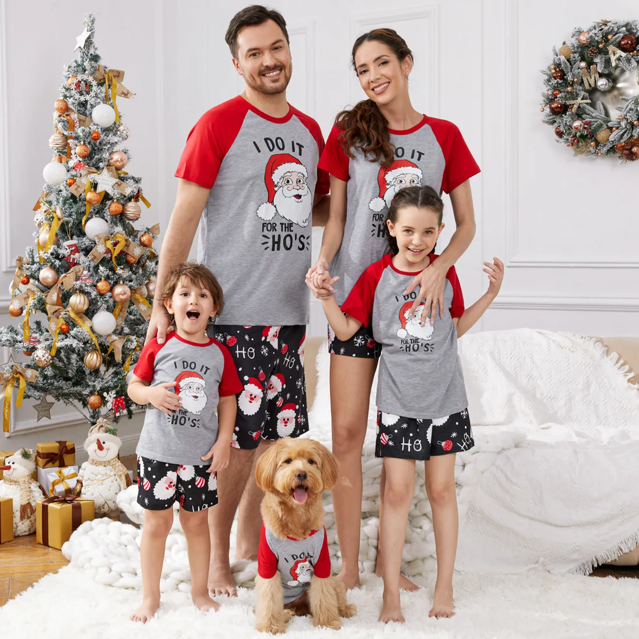 Christmas Santa and Letter Print Family Matching Short-sleeve Pajamas Sets (Flame Resistant) Color block big image 1