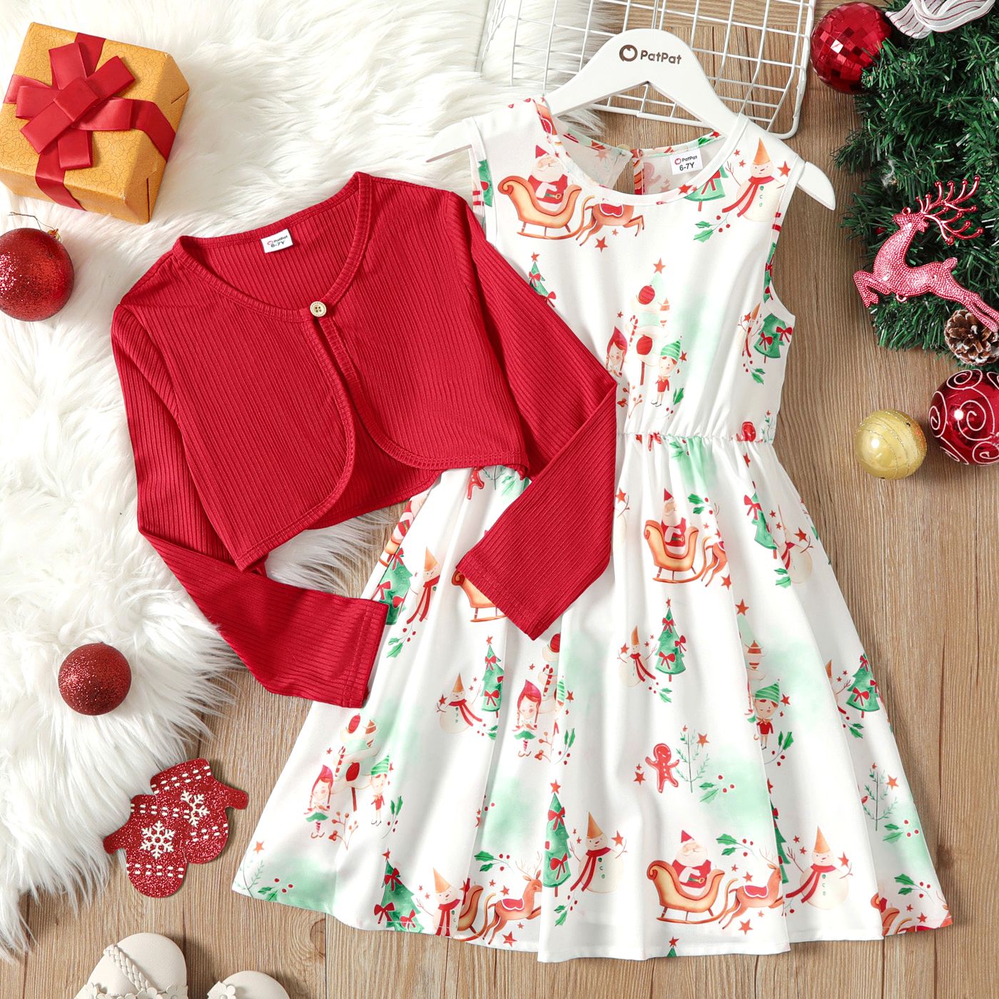 

2pcs Kid Girl Christmas Graphic Sleeveless Dress and Green Cardigan Set