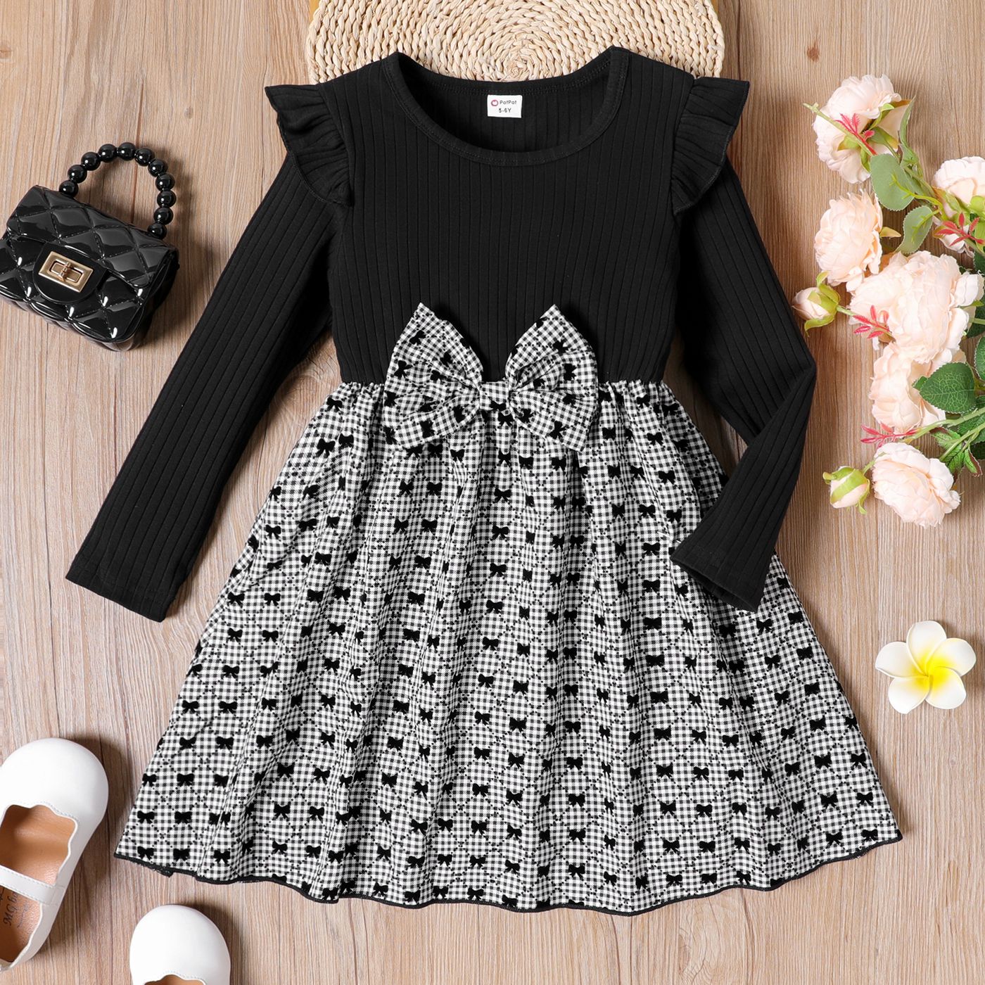 

Kid Girl 3D Bowknot Design Plaid Splice Long-sleeve Dress