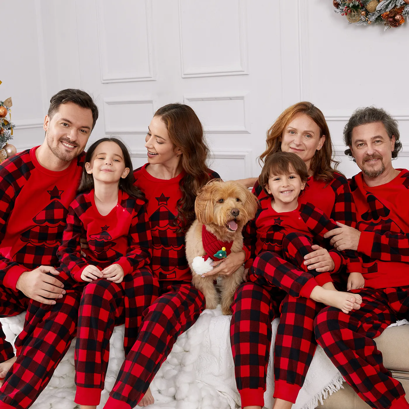 Christmas Family Matching Xmas Tree Embroidered Red Plaid Raglan-sleeve Thickened Polar Fleece Pajamas Sets (Flame Resistant)  image 4