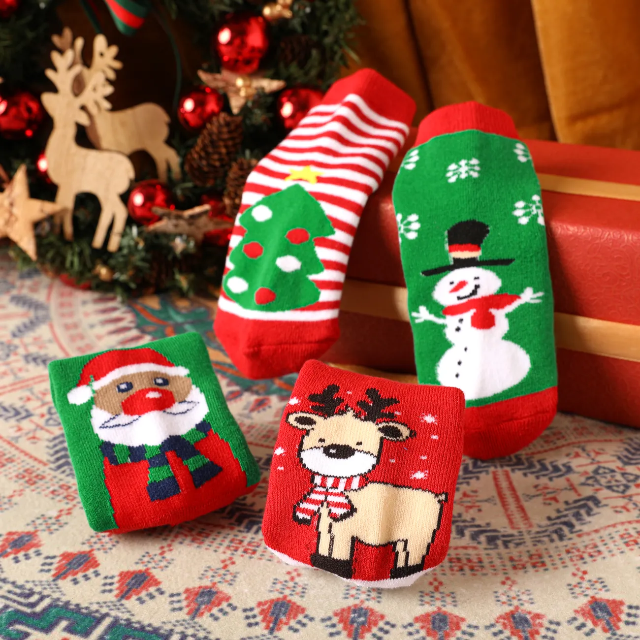 4-pairs Baby / Toddler Christmas Thermal Crew Socks Red big image 1