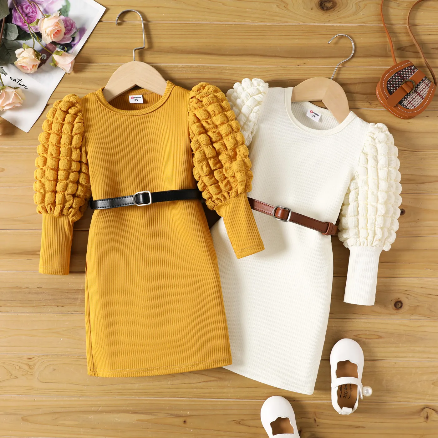 Toddler Girl Textured Ribbed Long Puff-sleeve Dress (Belt is not included)