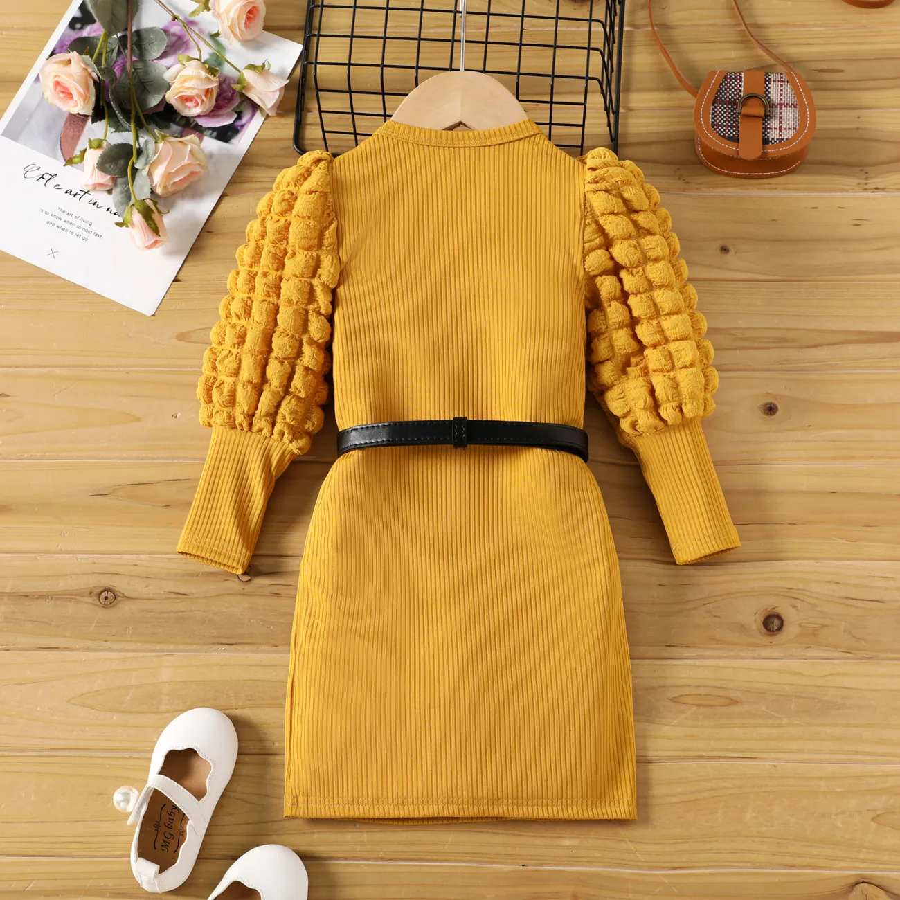 Criança Menina Costuras de tecido Bonito Vestidos Amarelo big image 1