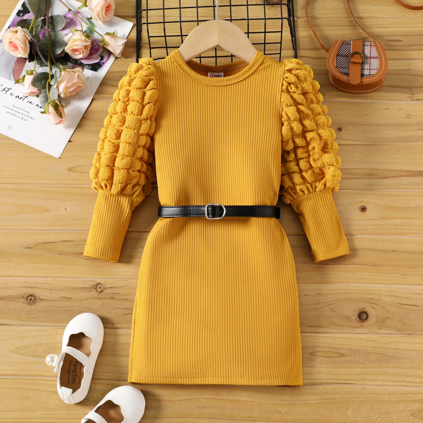 Toddler Girl Textured Ribbed Long Puff-sleeve Dress (Belt is not included) Yellow