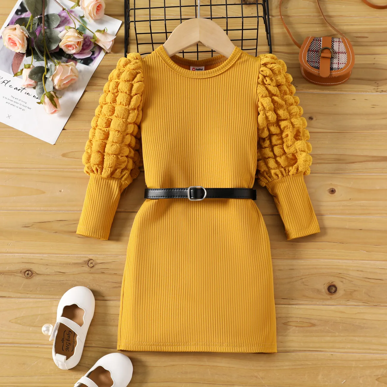 Toddler Girl Textured Ribbed Long Puff-sleeve Dress (Belt is not included) Yellow big image 1