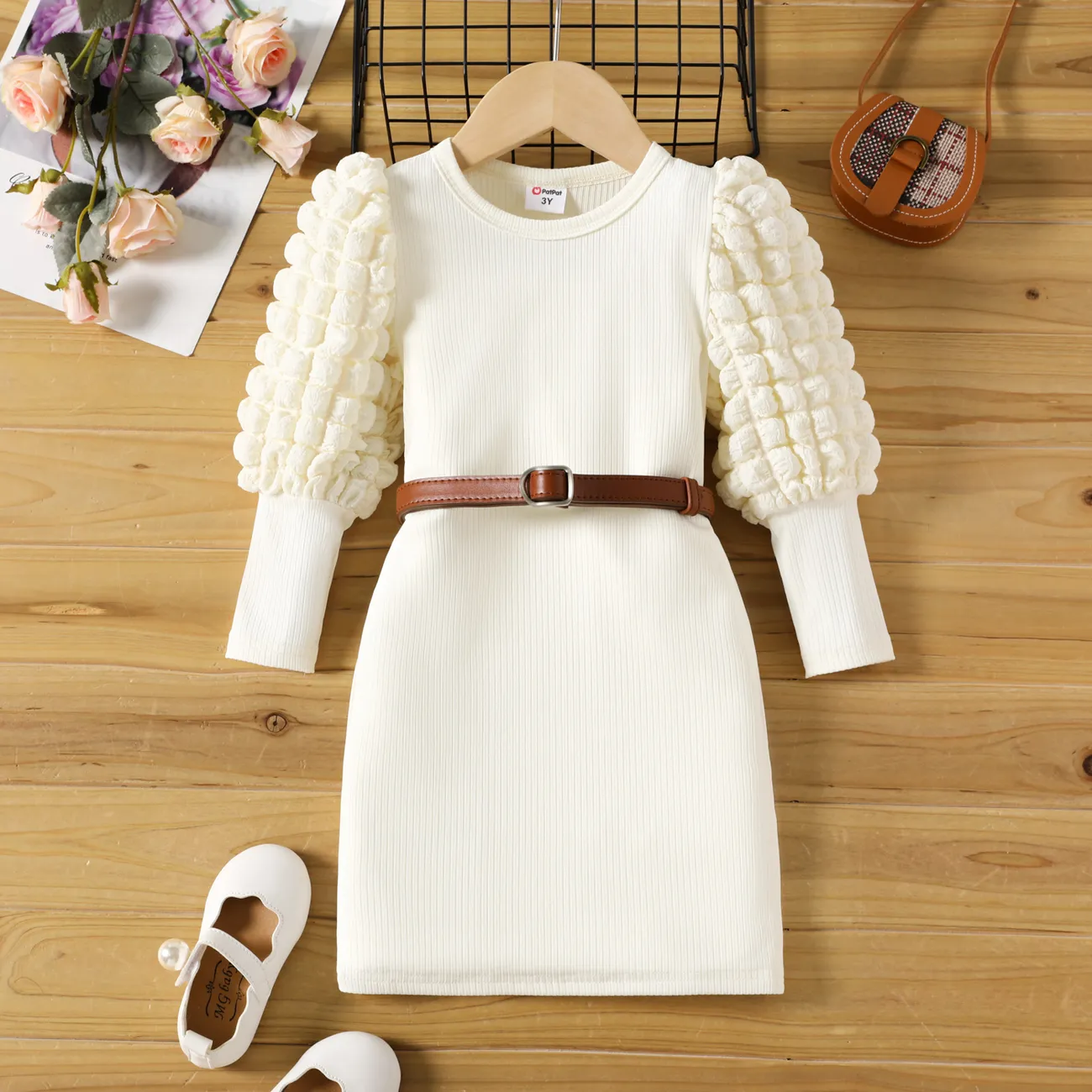 Toddler Girl Textured Ribbed Long Puff-sleeve Dress (Belt is not included) Apricot big image 1