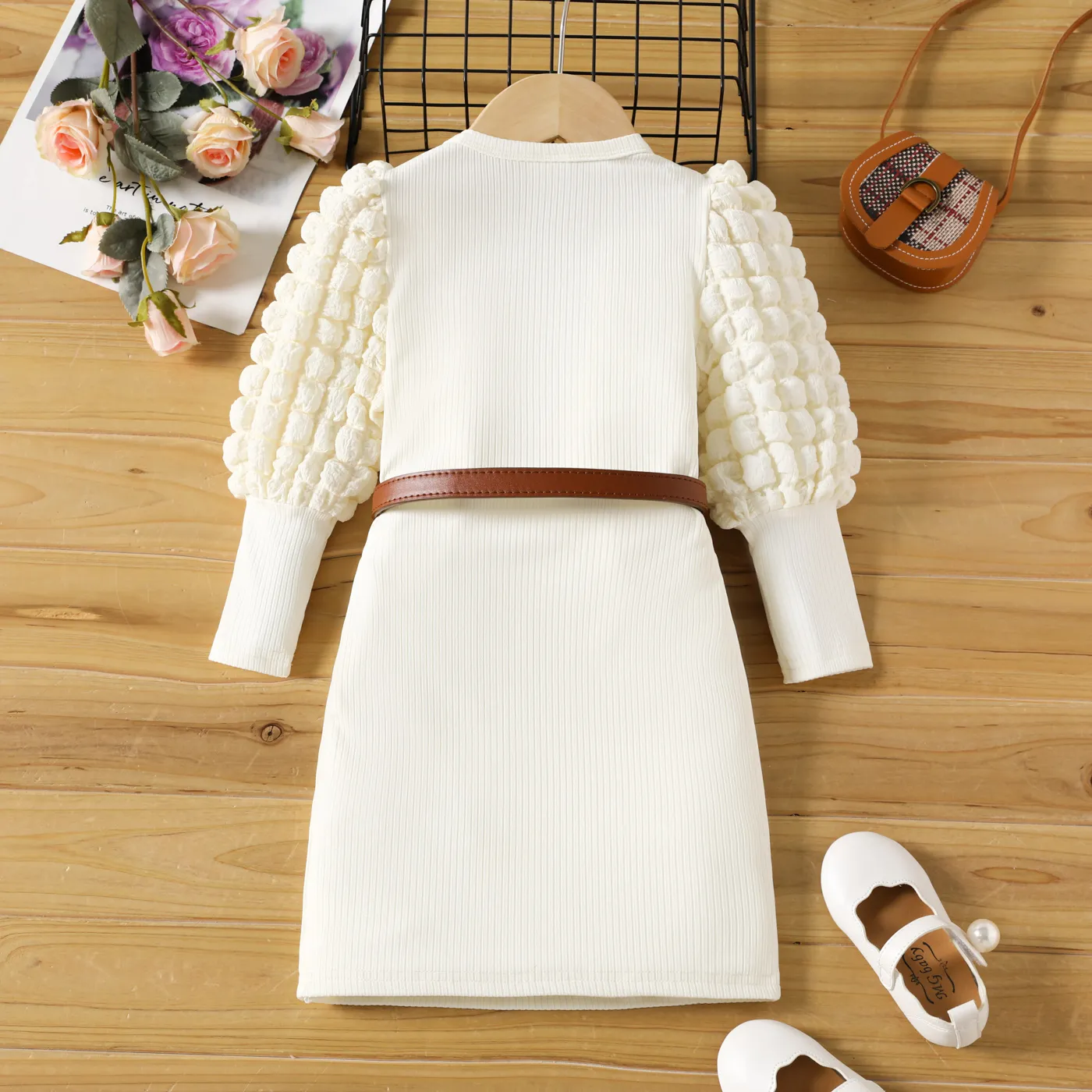 Toddler Girl Textured Ribbed Long Puff-sleeve Dress (Belt is not included) Apricot image 2