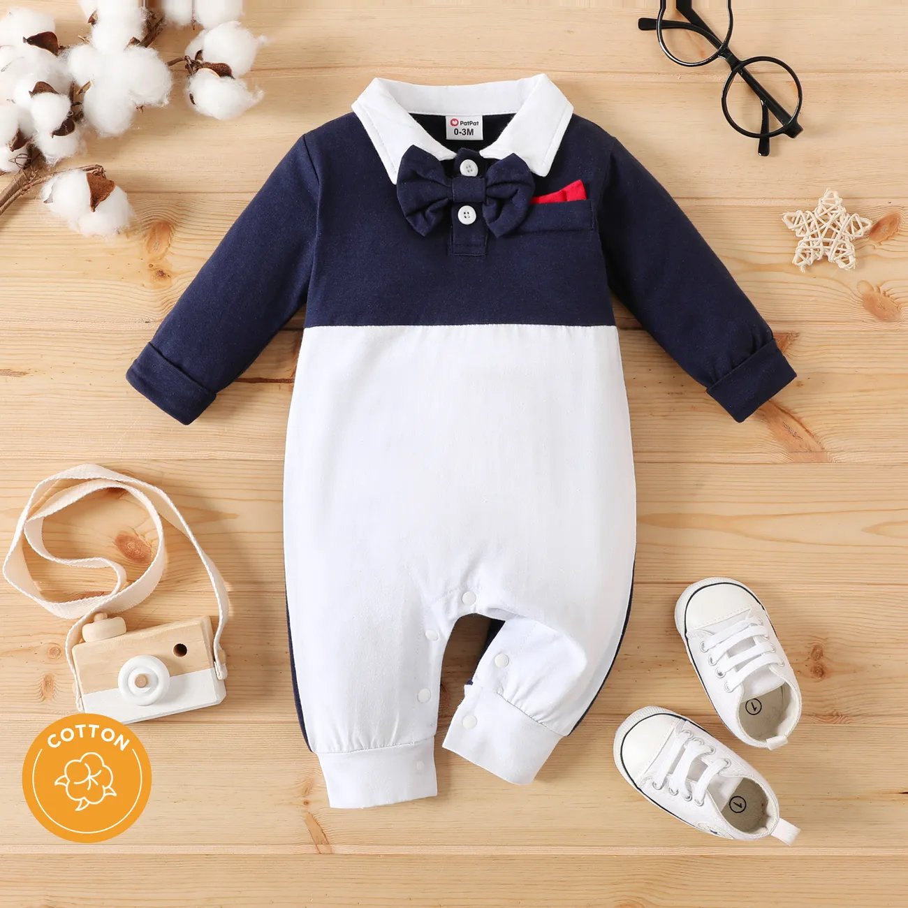 Baby Boy 95% Cotton Bow Tie Decor Contrast Collar Long-sleeve Spliced Jumpsuit Party Outfit  big image 1