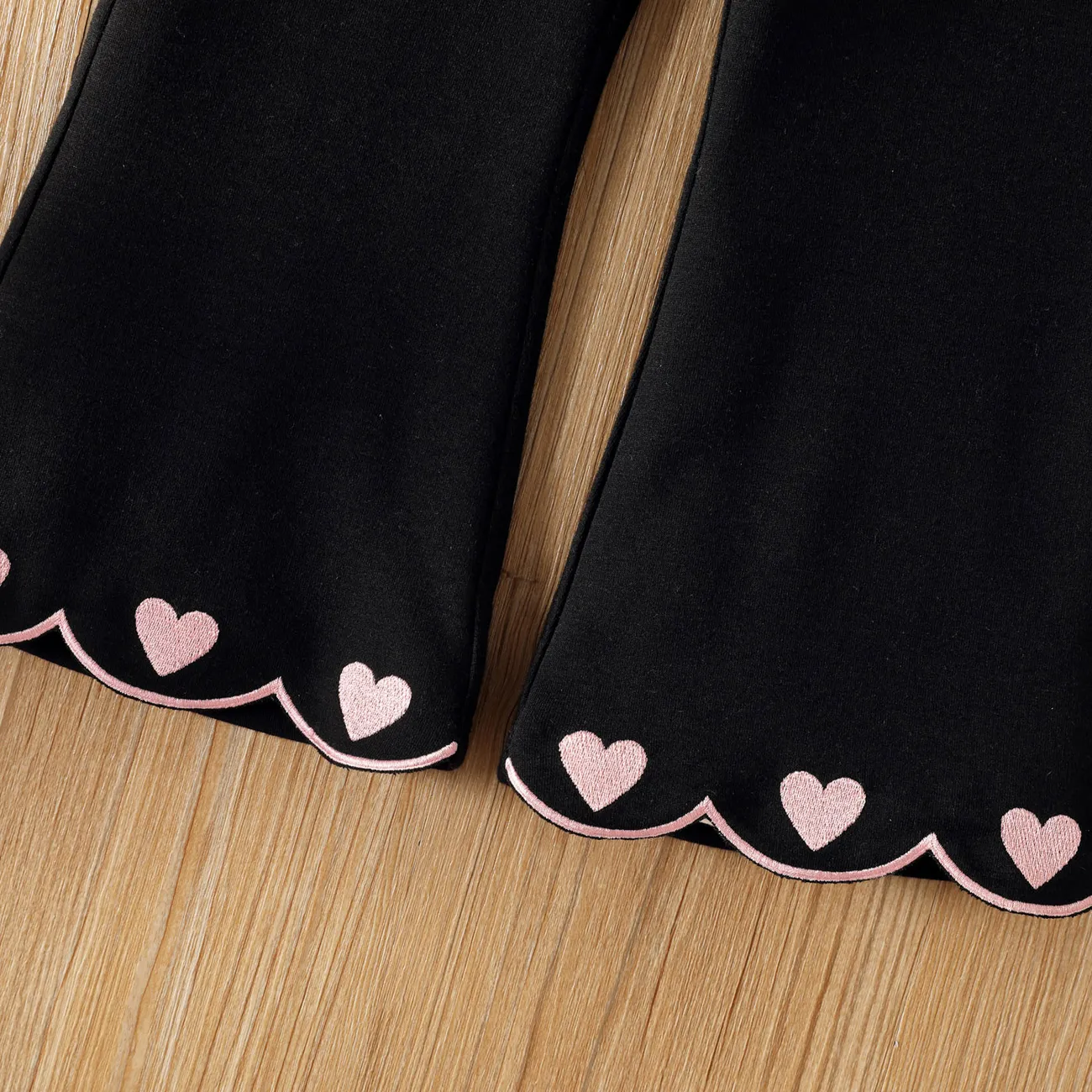 Toddler Girl Heart Embroidered Elasticized Flared Pants Black big image 1