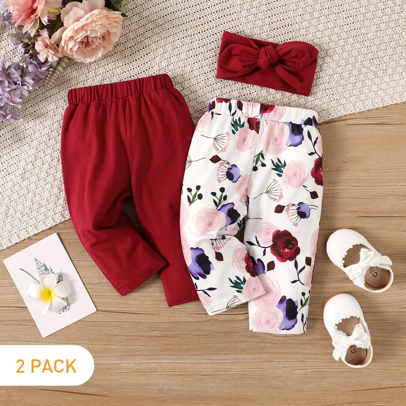 

2-Pack Baby Girl 95% Cotton Solid and Floral Print Pants Set
