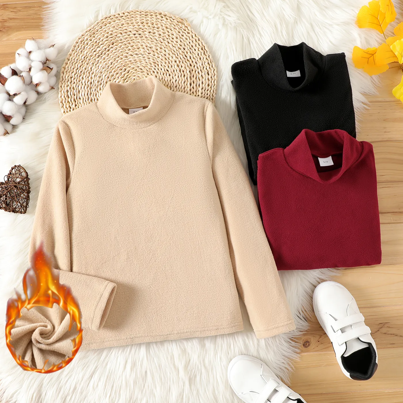 Kid Girl Solid Color Turtleneck Polar Fleece Long-sleeve Tee