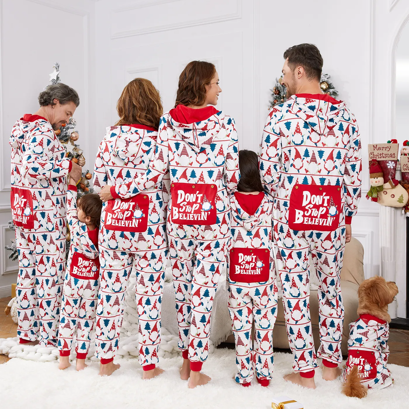 

Christmas Family Matching Allover Xmas Tree & Dwarf Print Hooded Long-sleeve Zipper Onesies Pajamas (Flame Resistant)