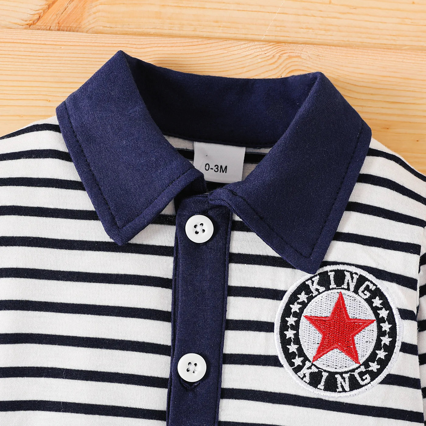 Baby Boy Embroidered Badge Detial Contrast Collar Striped Long-sleeve Romper Dark Blue/white image 3