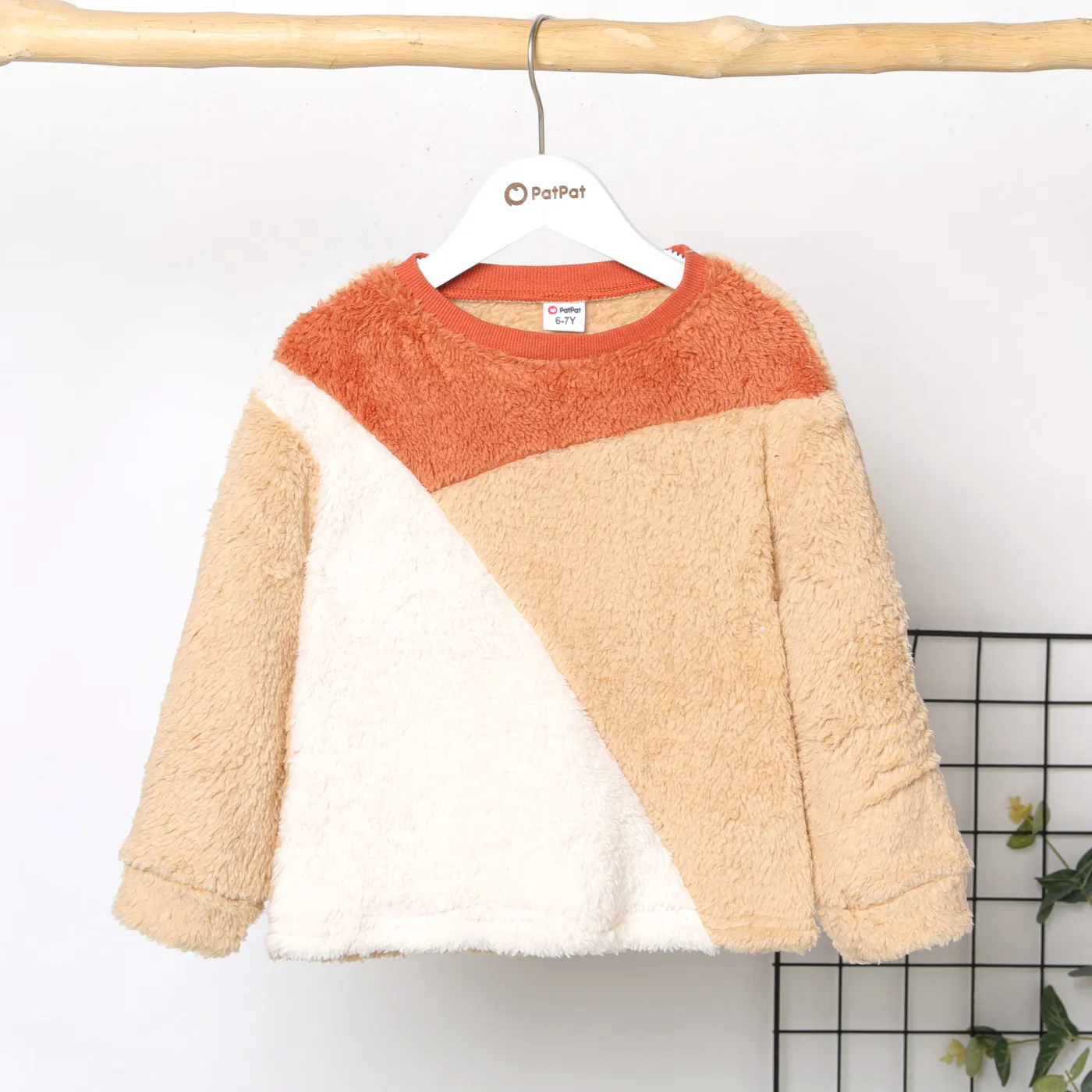 Kid Girl Sweet Colorblock Fleece Pullover Sweatshirt Khaki