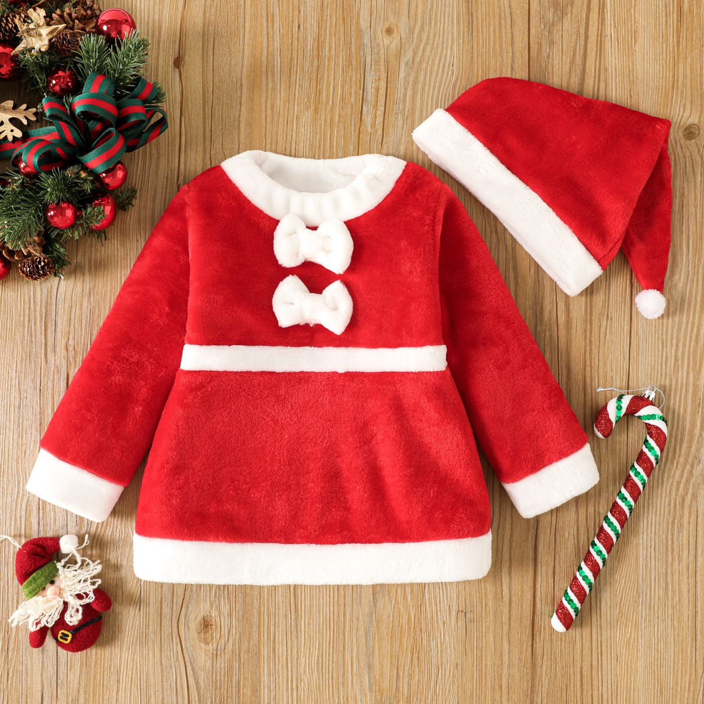 

2pcs Toddler Girl Christmas Bowknot Desogn Fleece Dress and Santa Cap