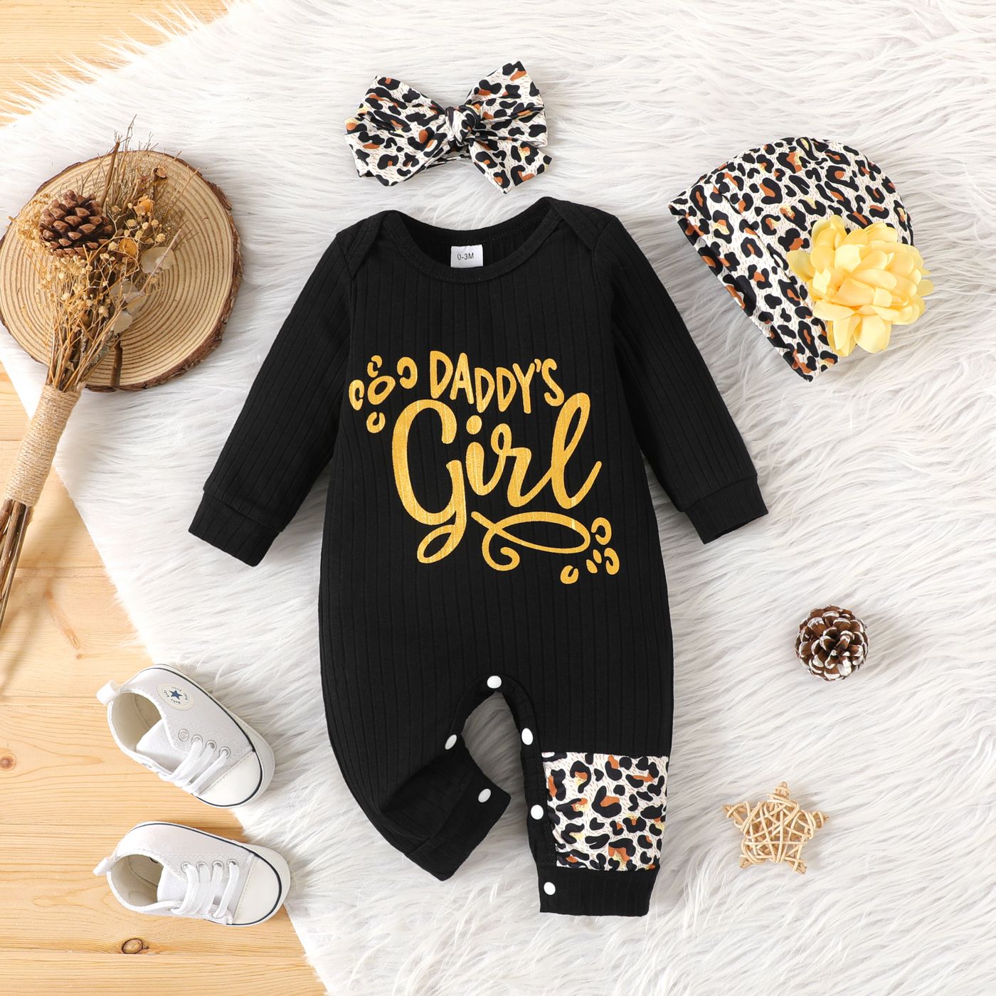 

3pcs Baby Girl Letter Print Black Long-sleeve Jumpsuit and Leopard Print Hat with Headband Set
