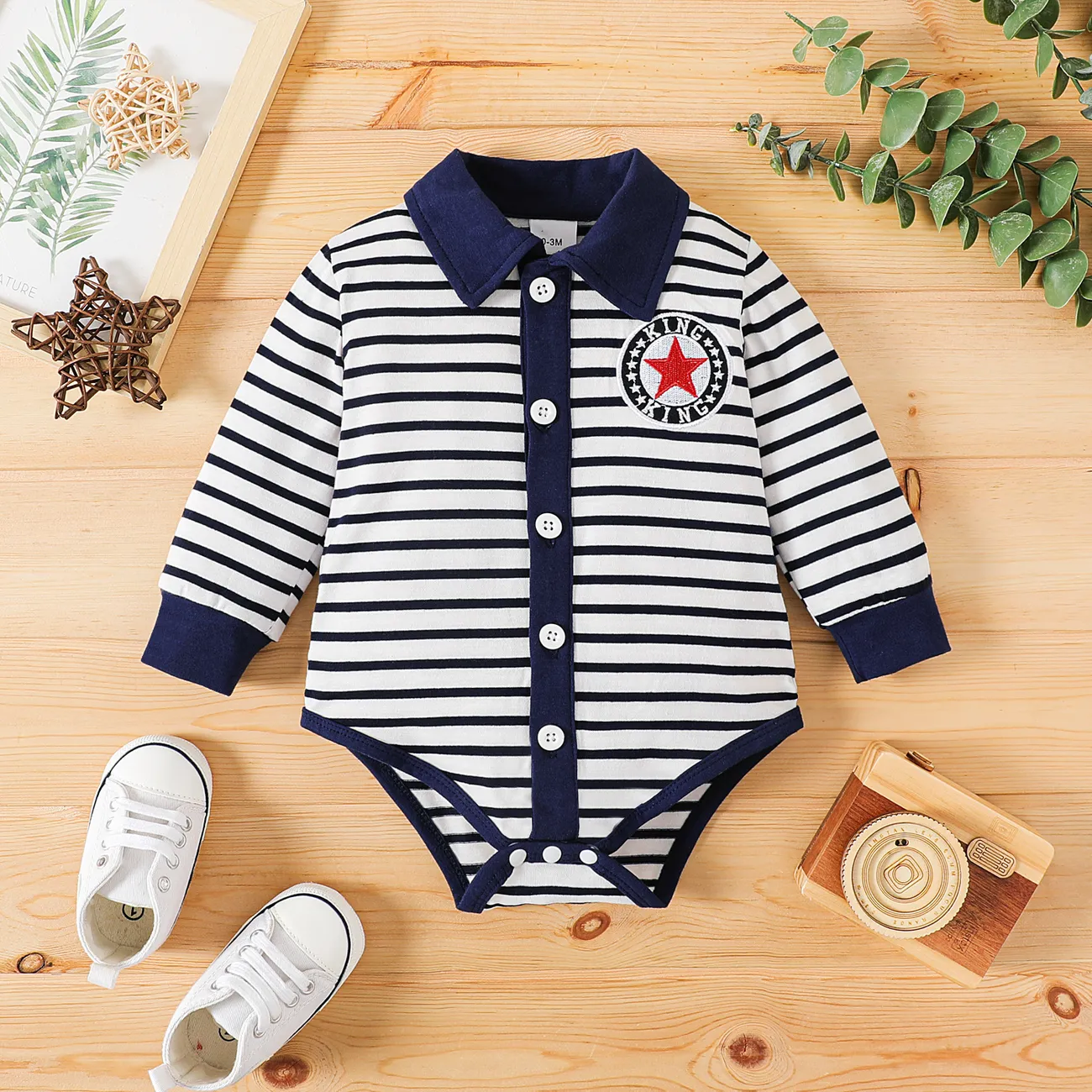 Baby Boy Embroidered Badge Detial Contrast Collar Striped Long-sleeve Romper Dark Blue/white big image 1