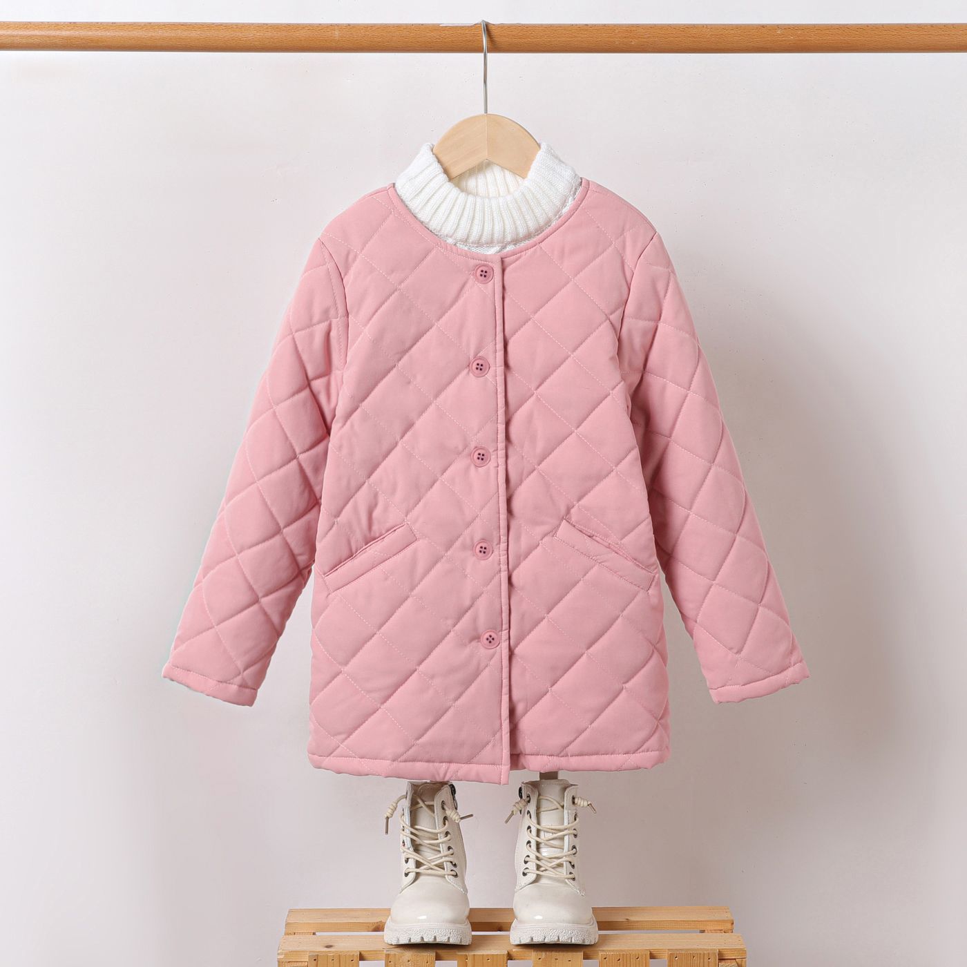 

Kid Girl Solid Color Textured Button Design Coat