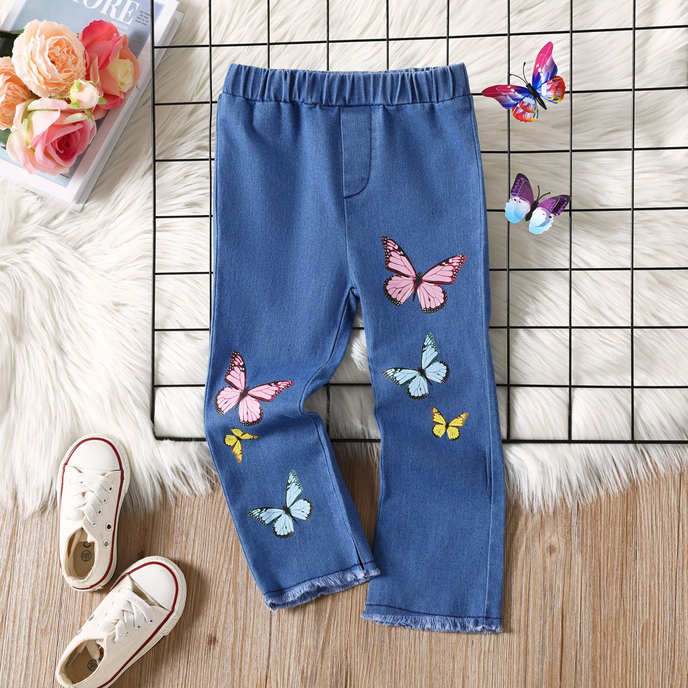 

Toddler Girl Playful Butterfly Print Denim Jeans