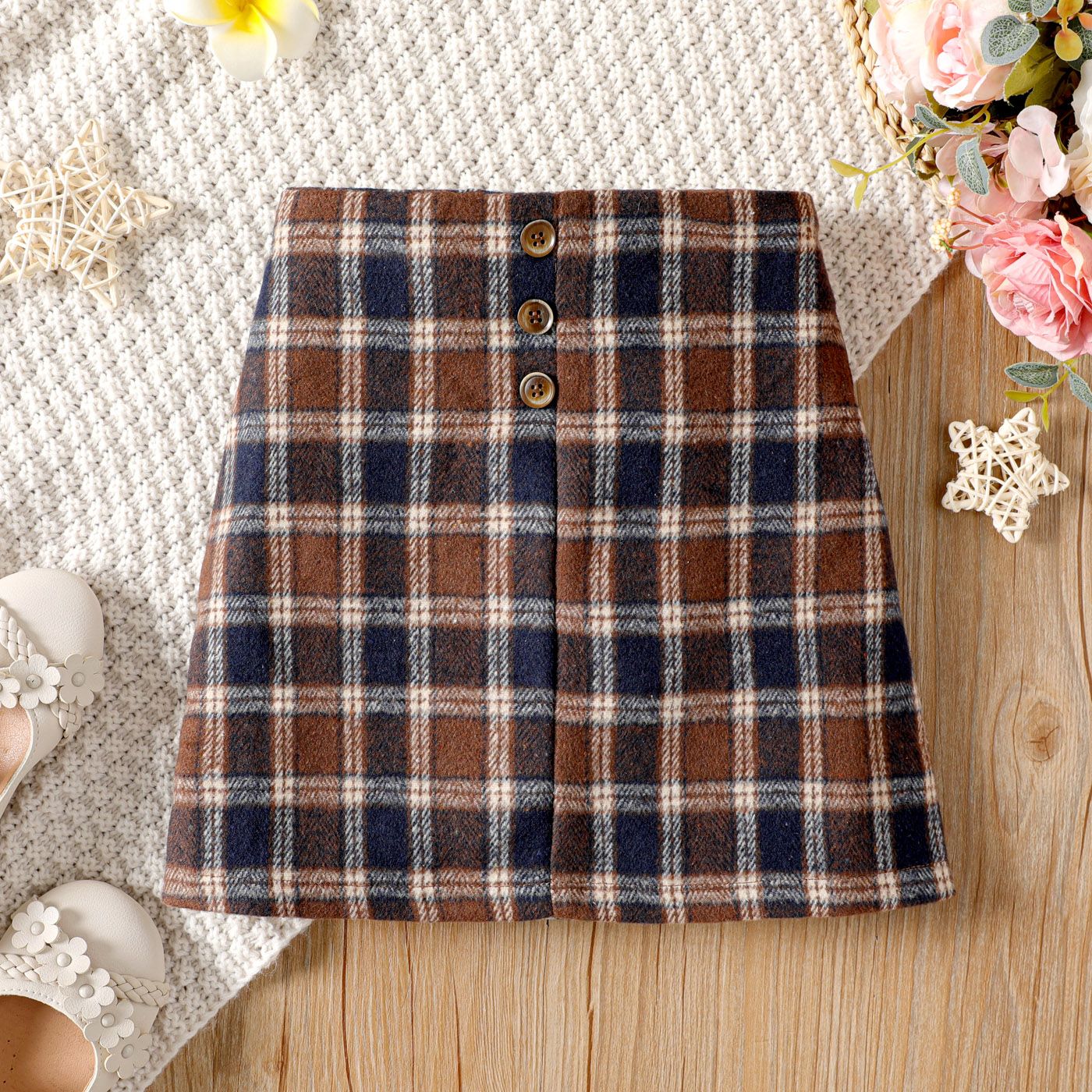 Kid Girl Button Design Plaid Skirt