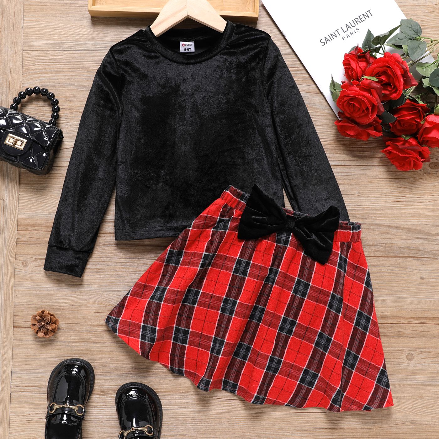

2pcs Kid Girl Long-sleeve Black Velvet Tee and 3D Bowknot Design Plaid Skirt Set