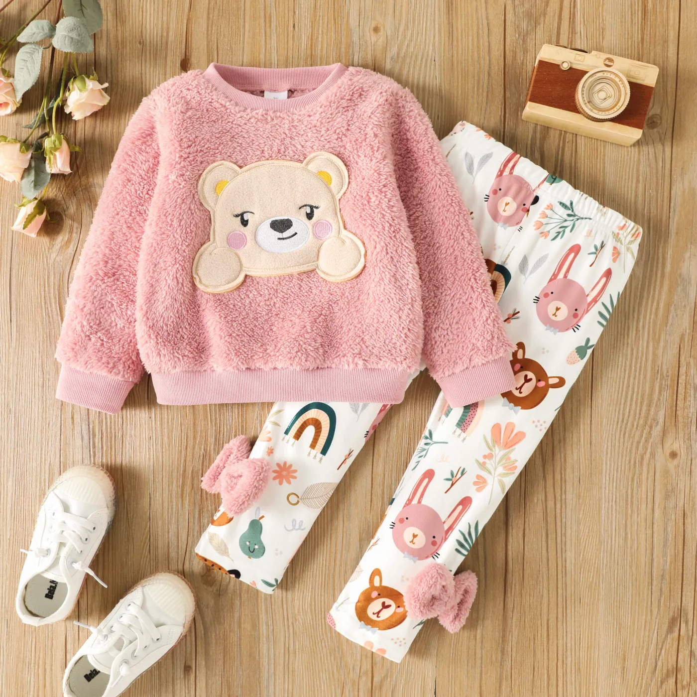 2pcs Toddler Girl Bear Embroidered Sweatshirt And Bows Design Leggings Set/ Shoes