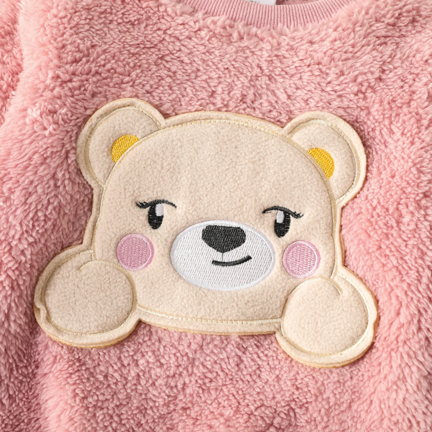 2pcs Toddler Girl Playful Bear Embroidered Polar Fleece Sweatshirt and Bows Design Leggings Set Pink image 4